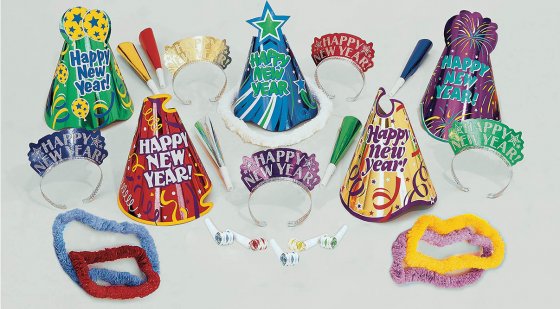 New Year's Let's Party Pack Kit for 10 People. Contains: 5 x Foil Cone Shaped Hats 5 x Glitter Tiara's 5 x Poly Leis 5 x Foil Horns & 5 x Blowouts